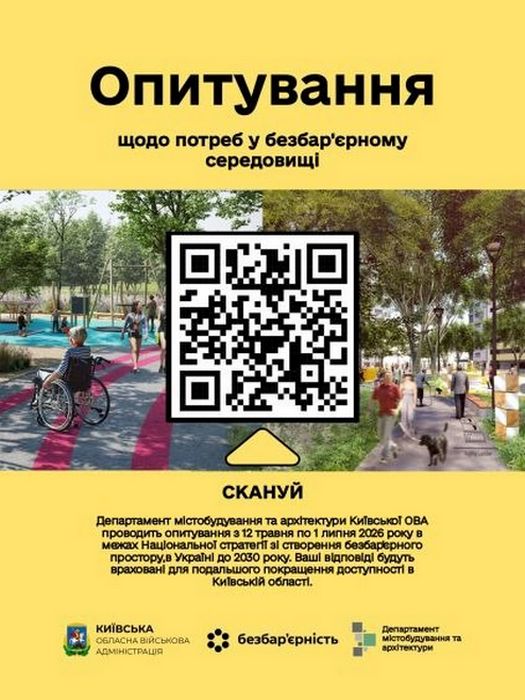 Анонс опитування Київської ОВА щодо потреб у безбар’єрному середовищі. На плакаті зображено QR-код для участі та зазначено терміни: з 12 травня по 1 липня 2026 року. Опитування проводиться в межах Національної стратегії зі створення безбар’єрного простору в Україні
