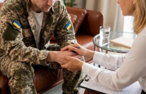 Психолог або соціальний працівник у білій сорочці тримає за руки українського військовослужбовця у камуфляжній формі, висловлюючи підтримку під час консультації. На передньому плані видно планшет із документами, на задньому — склянку води на столику.
