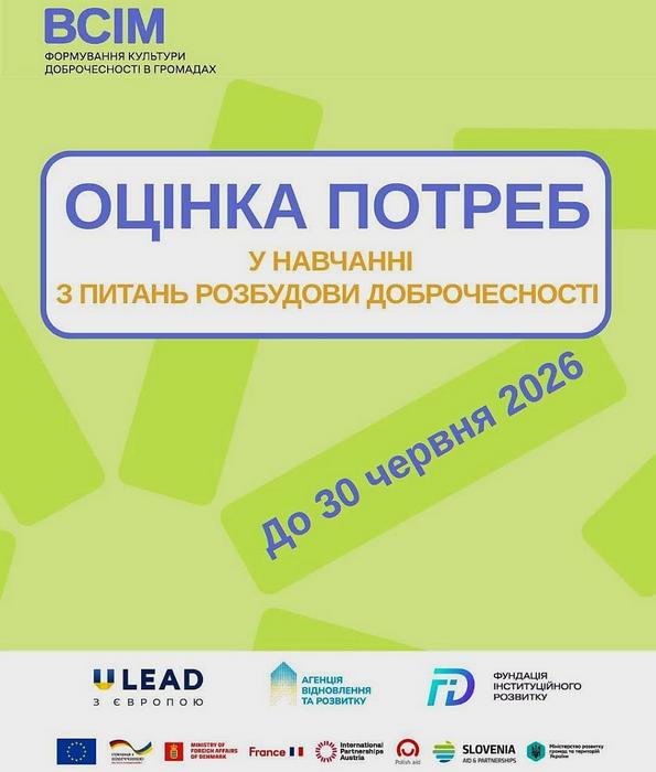 Інформаційний банер проєкту «ВСІМ. Формування культури доброчесності в громадах» із закликом пройти оцінку потреб у навчанні з питань розбудови доброчесності до 30 червня 2026 року