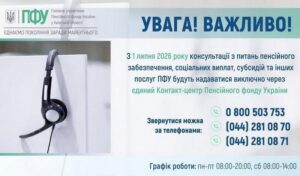Інформаційний банер Головного управління Пенсійного фонду України у Київській області про перехід на консультації через єдиний Контакт-центр з 1 липня 2026 року із зазначенням номерів телефонів та графіку роботи