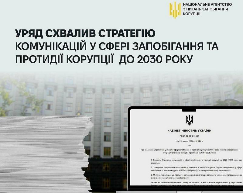Банер НАЗК із заголовком про схвалення Урядом Стратегії комунікацій у сфері запобігання та протидії корупції до 2030 року. На фоні зображено будівлю Кабінету Міністрів України, стопку паперів та ноутбук із текстом розпорядження.