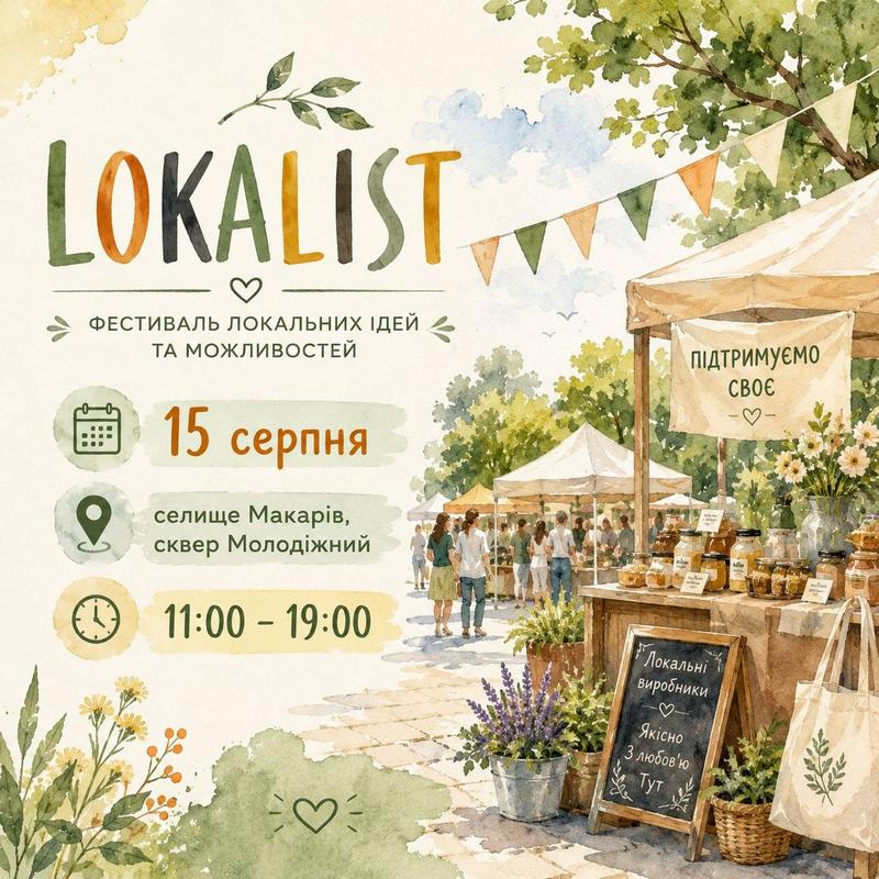 Акварельна афіша фестивалю «Lokalist у Макарові». На малюнку зображено затишний ярмарок просто неба з торговельними ятками, квітами та покупцями. Ліворуч міститься текст: 15 серпня, селище Макарів, сквер Молодіжний, 11:00–19:00.