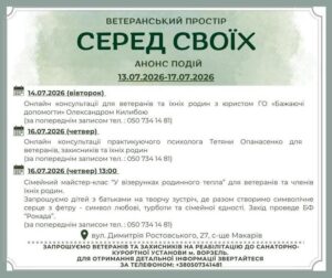 Афіша подій у Ветеранському просторі «Серед своїх» у селищі Макарів на період з 13 по 17 липня 2026 року. Анонсовано онлайн-консультації юриста (14 липня) та психолога (16 липня), а також сімейний майстер-клас (16 липня о 13:00) та реабілітацію у санаторії міста Ворзель. Повний розклад та контакти наведені в тексті публікації.