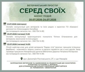 Афіша ветеранського простору «Серед Своїх» з анонсом подій на 20-24 липня 2026 року. У програмі: 21 липня — онлайн-консультації юриста ГО «Бажаючі допомогти» Олександра Килиби; 23 липня об 11:00 — онлайн-консультації психолога Тетяни Опанасенко; 23 липня о 14:30 — майстер-клас для дітей «Барви літа» з розпису пряників від Дарини Мочернюк. Адреса: смт Макарів, вул. Димитрія Ростовського, 27. Також триває запис на реабілітацію до санаторно-курортної установи в місті Ворзель. Телефон для запису: 050 734 14 81.