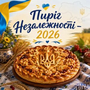Святкове зображення з великим печеним пирогом на вишиваному рушнику із зображенням тризуба, прикрашеним квітами та колоссям пшениці, та написом «Пиріг Незалежності – 2026»
