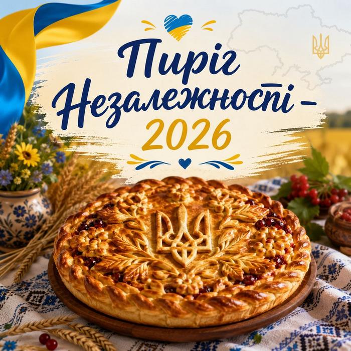 Святкове зображення з великим печеним пирогом на вишиваному рушнику із зображенням тризуба, прикрашеним квітами та колоссям пшениці, та написом «Пиріг Незалежності – 2026»