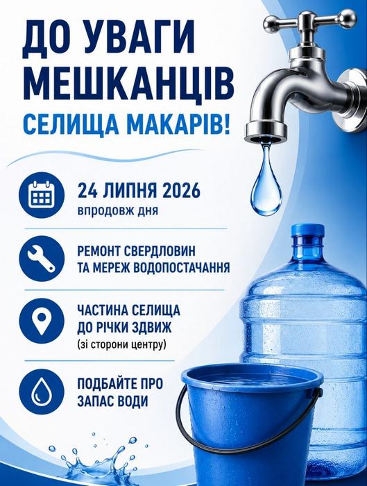 Інфографіка з попередженням для мешканців Макарова про ремонт свердловин та водомережі 24 липня 2026 року з закликом зробити запас води. На зображенні — крапля води з крана, бутель та відро.