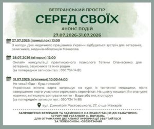 Афіша подій ветеранського простору «Серед Своїх» на 28–31 липня. В програмі: онлайн-консультації психолога Тетяни Опанасенко та курс з тактичної медицини від Української жіночої варти.