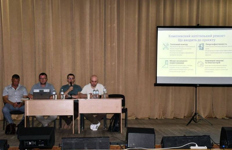 Представники робочої групи сидять за столом на сцені поруч із проекційним екраном, на якому відображено слайд із напрямами проєкту: «Тепловий контур», «Енергоефективність», «Місця загального користування» та «Інженерні мережі».