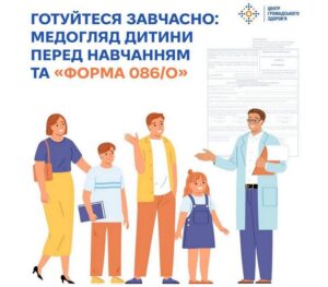 Інформаційна картка Центру громадського здоров'я з написом «Готуйтеся завчасно: медогляд дитини перед навчанням та "форма 086/о"». На малюнку зображено лікаря-педіатра в окулярах та білому халаті, який спілкується з родиною — батьками, хлопчиком із книжкою та дівчинкою. На задньому плані розміщено зразок медичної довідки форми №086/о.