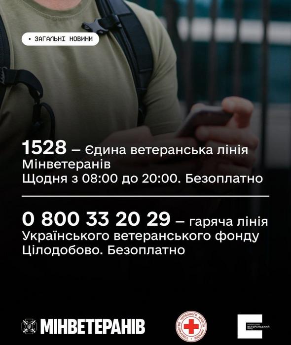 Інформаційний баннер з номерами підтримки: 1528 — Єдина ветеранська лінія Мінветеранів та 0 800 33 20 29 — гаряча лінія Українського ветеранського фонду.