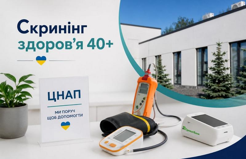 Інформаційний банер програми «Скринінг здоров’я 40+». На столі розміщено тонометр, медичне обладнання та табличку «ЦНАП. Ми поруч, щоб допомогти». Поруч зображено сучасну будівлю медичного закладу.