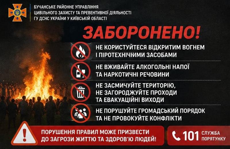 Пам’ятка ДСНС про заборонені дії під час масових заходів: використання відкритого вогню та піротехніки, вживання алкоголю чи наркотиків, засмічення території та загородження евакуаційних виходів, порушення громадського порядку.