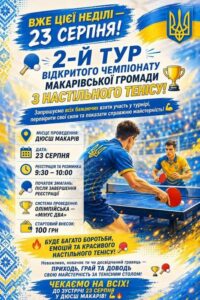 Афіша другого туру відкритого чемпіонату Макарівської громади з настільного тенісу, 23 серпня.