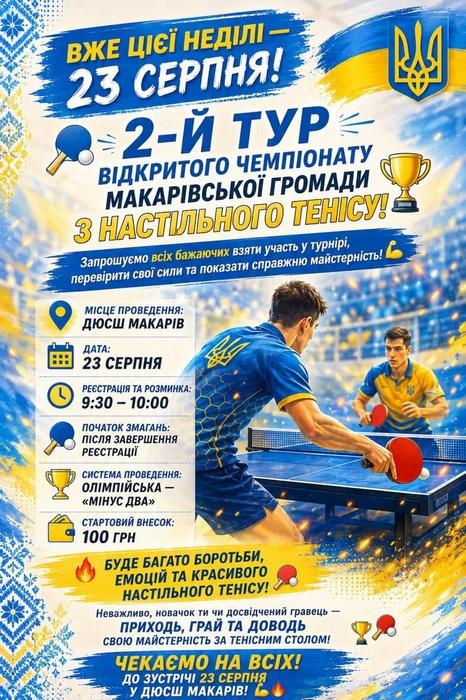 Афіша другого туру відкритого чемпіонату Макарівської громади з настільного тенісу, 23 серпня.