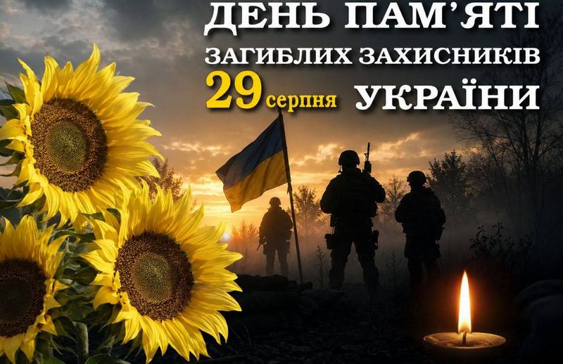 Ілюстрація на тлі заходу сонця. Ліворуч розміщено яскраво-жовті соняшники, праворуч — запалену свічку пам'яті. У центрі — силуети трьох українських військових, один із яких тримає прапор України. Згори міститься напис: «29 серпня — День пам’яті загиблих захисників України».