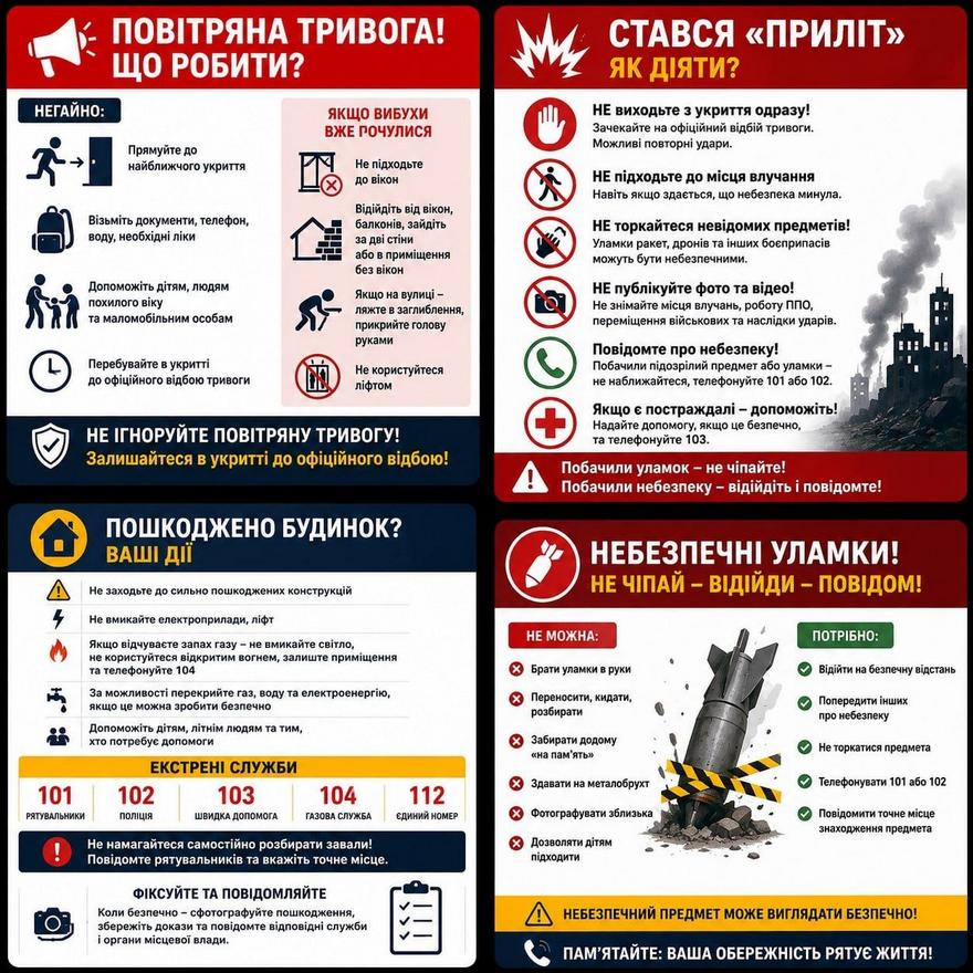 Інфографіка з правилами безпеки під час повітряної тривоги, вибухів, пошкодження будинку та виявлення небезпечних уламків, а також номерами екстрених служб.