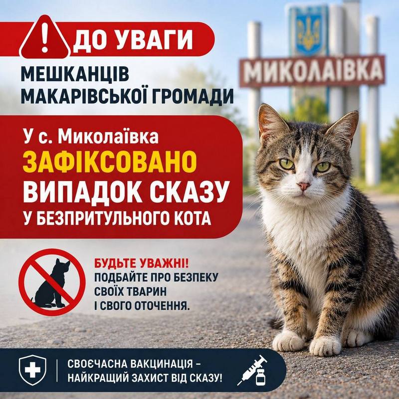 Інформаційний банер про випадок сказу у безпритульного кота в селі Миколаївка Макарівської громади та заклик до вакцинації тварин.
