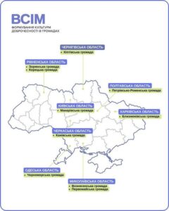Карта України з позначенням 10 громад-учасниць проєкту «ВСІМ. Формування культури доброчесності в громадах», серед яких Макарівська громада.