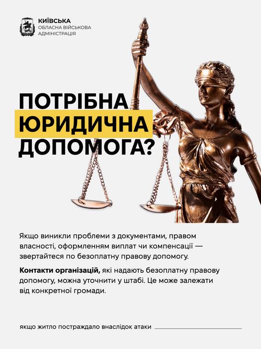 Розділ інструкції КОВА: «Потрібна юридична допомога?». Рекомендація звертатися по безоплатну правову допомогу в разі проблем із документами чи виплатами. На тлі — статуя Феміди з терезами.