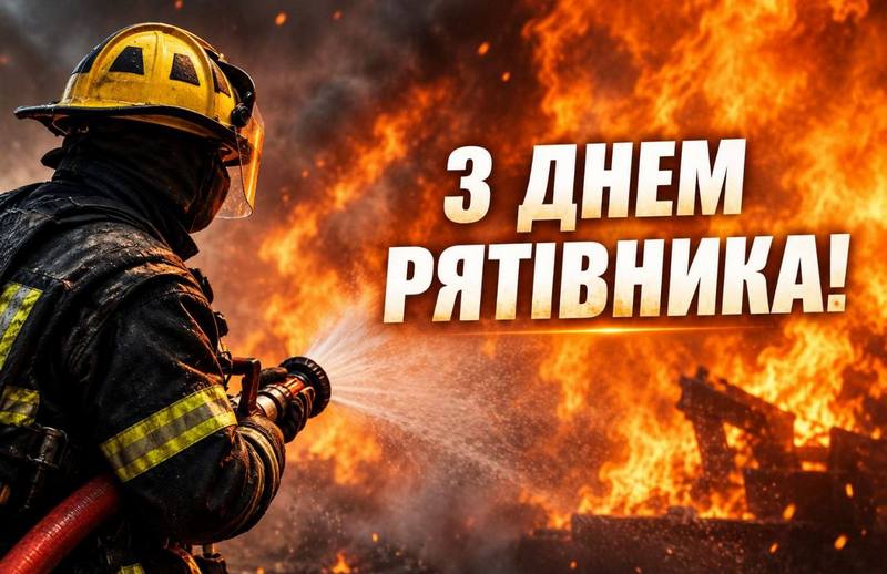 Графічний баннер із написом «З ДНЕМ РЯТІВНИКА!». На тлі яскраві язики полум'я та дим, ліворуч — рятувальник у захисному шоломі та формі, який гасить вогонь зі шланга.